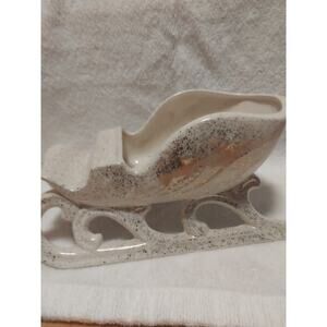 Ceramic Christmas Sleigh Planter White Gold Painted Speckled Medium 8in